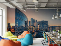 Study nook wall with calm cityscape wallpaper, tidy skyline design