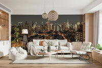 Cityscape Twilight wallpaper mural of a city skyline behind a white sofa and bean bag in a living room