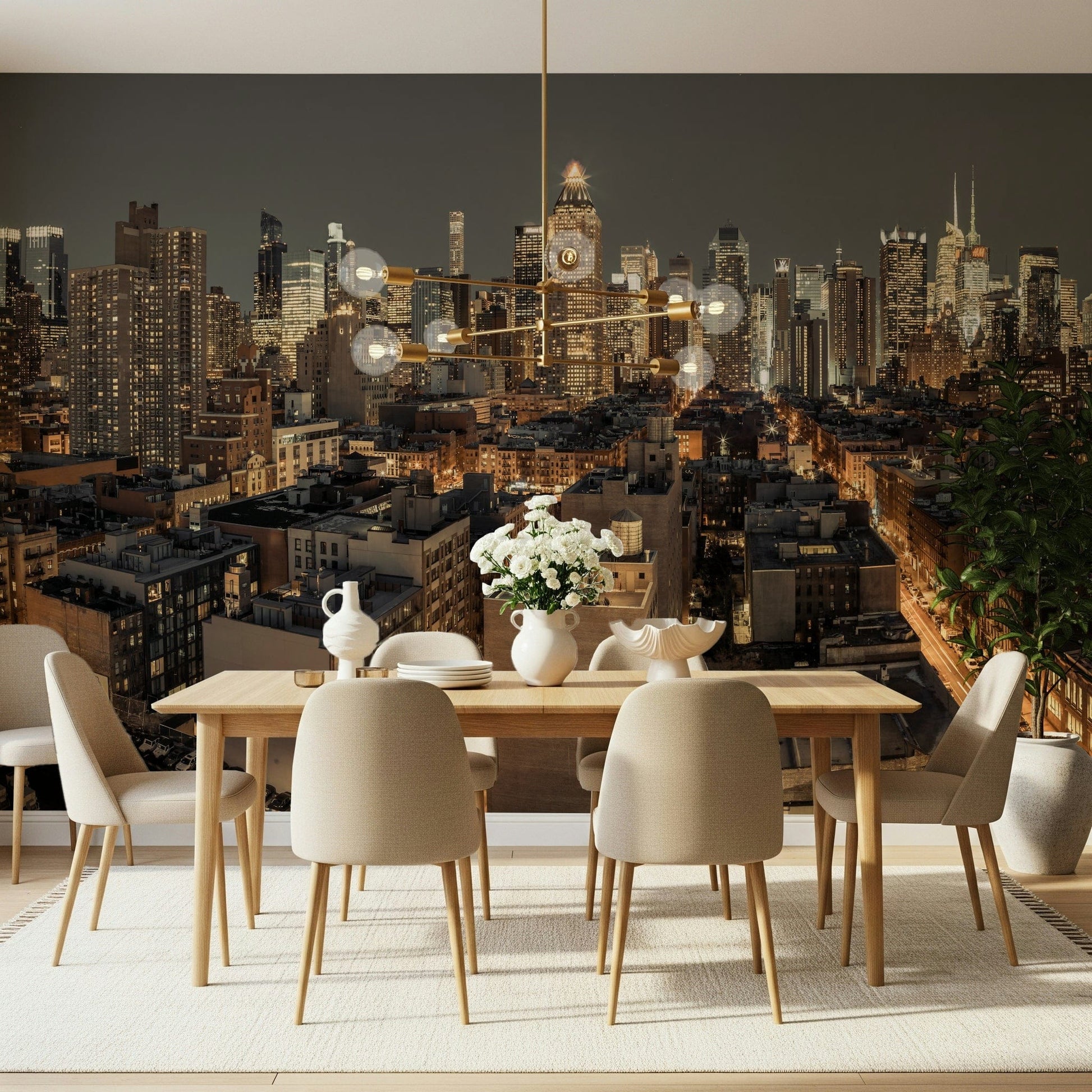 Cityscape Twilight wallpaper mural of a glowing city skyline behind a wood dining table and beige chairs