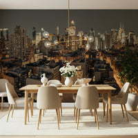 Cityscape Twilight wallpaper mural of a glowing city skyline behind a wood dining table and beige chairs