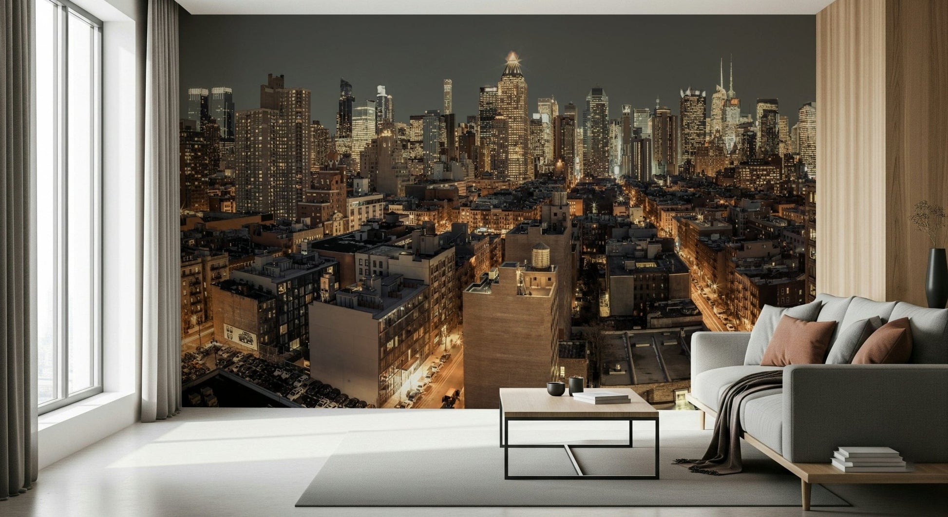 Cityscape Twilight wallpaper mural of a glowing city skyline behind a grey sofa in a living room