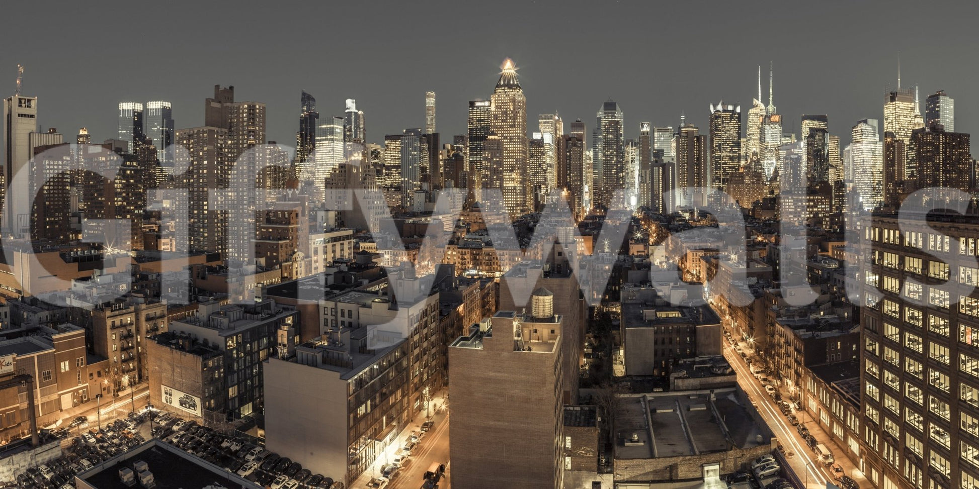 Cityscape Twilight shown as a full-wall mural, a panoramic city skyline glowing under a dark twilight sky