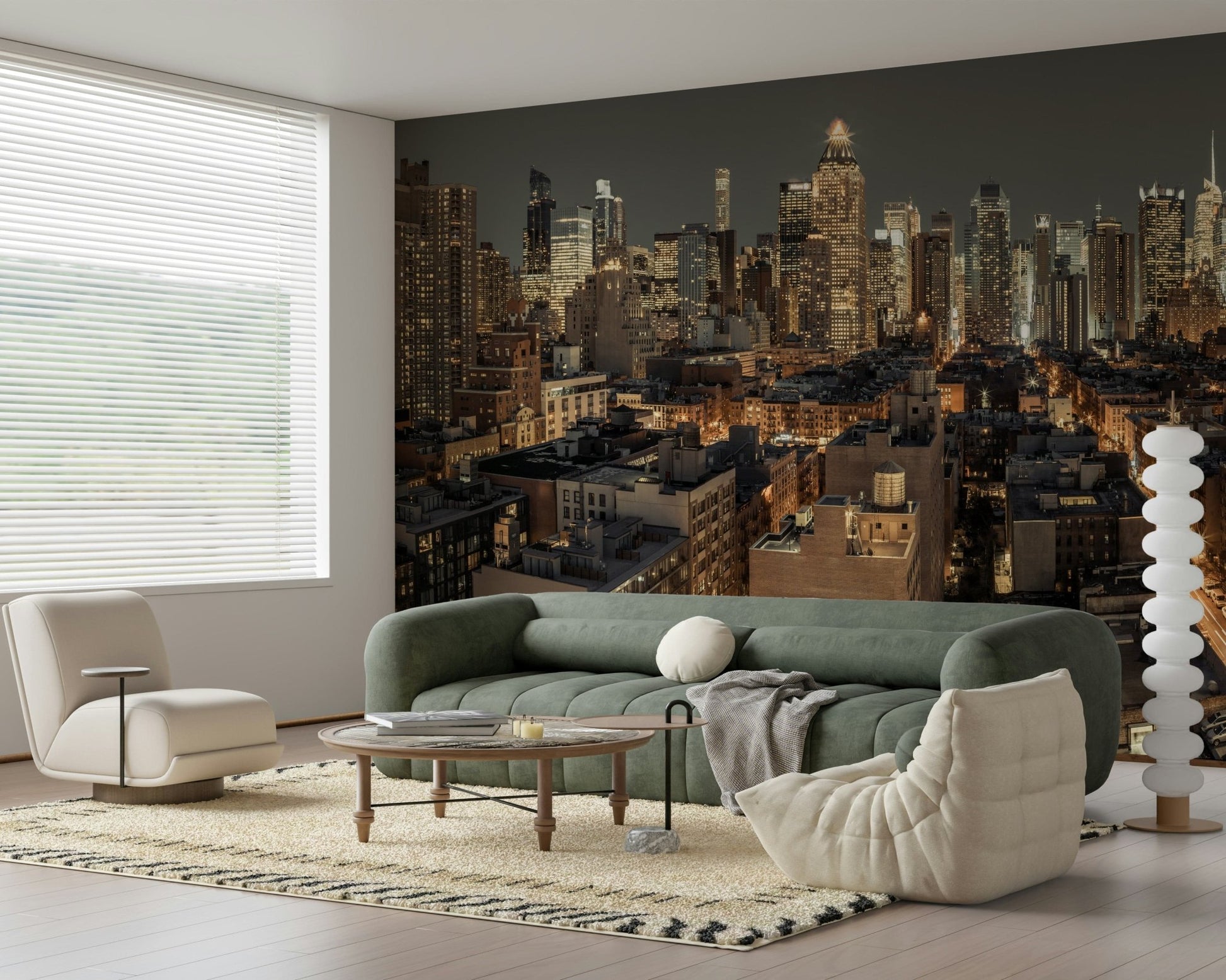 Cityscape Twilight wallpaper mural of a city skyline behind a sage green sofa in a living room