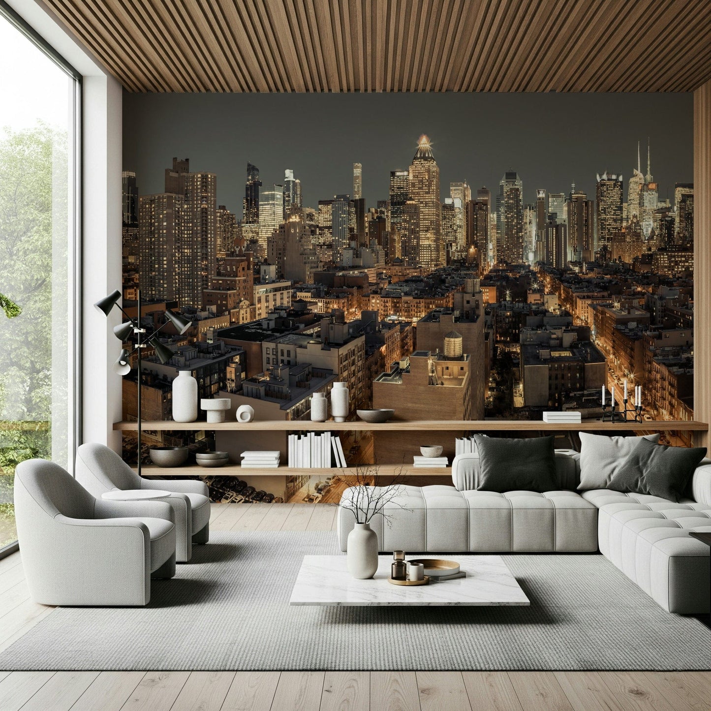 Cityscape Twilight wallpaper mural of a city skyline behind a grey sectional and swivel chairs in a living room