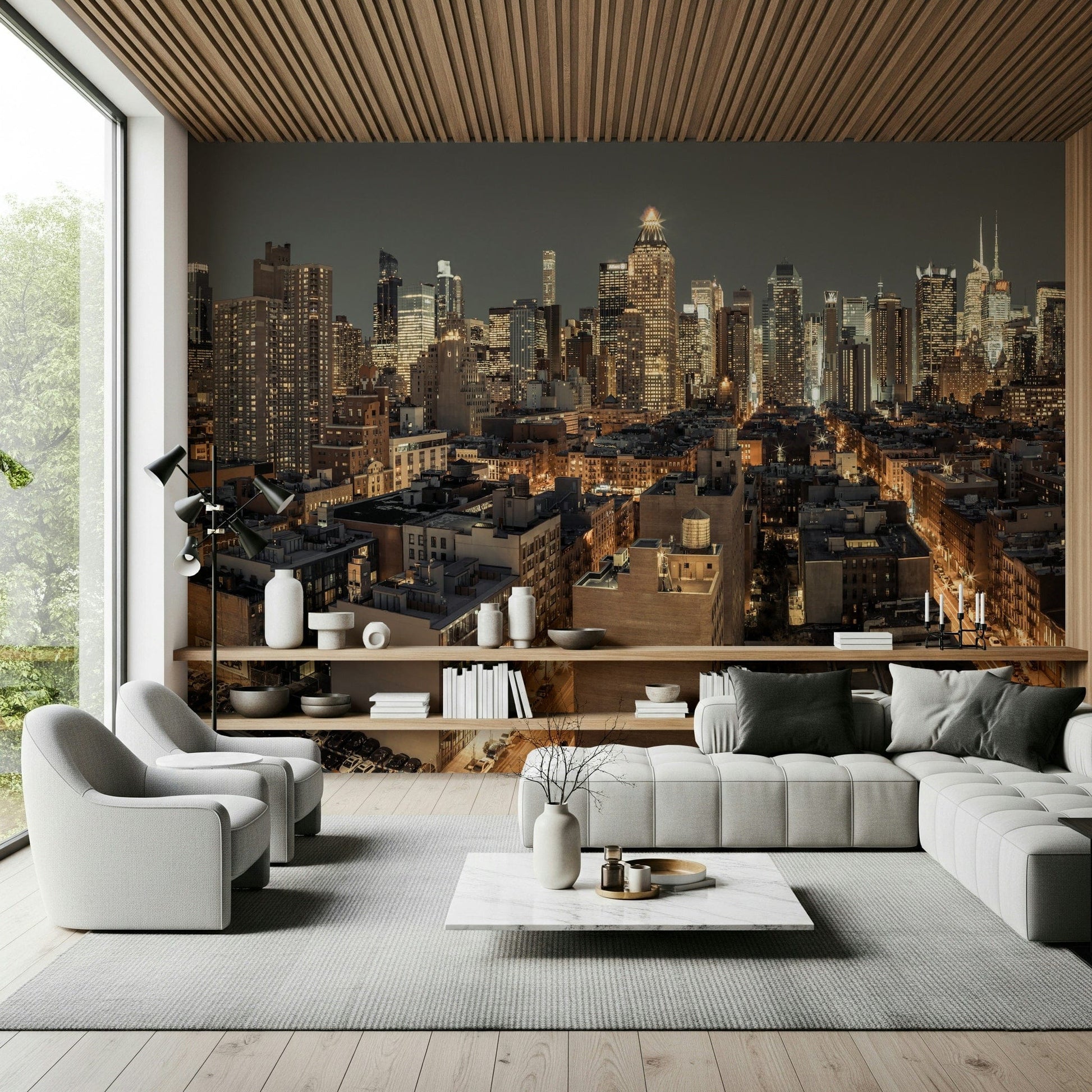 Cityscape Twilight wallpaper mural of a city skyline behind a grey sectional and swivel chairs in a living room