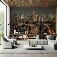 Cityscape Twilight wallpaper mural of a city skyline behind a grey sectional and swivel chairs in a living room