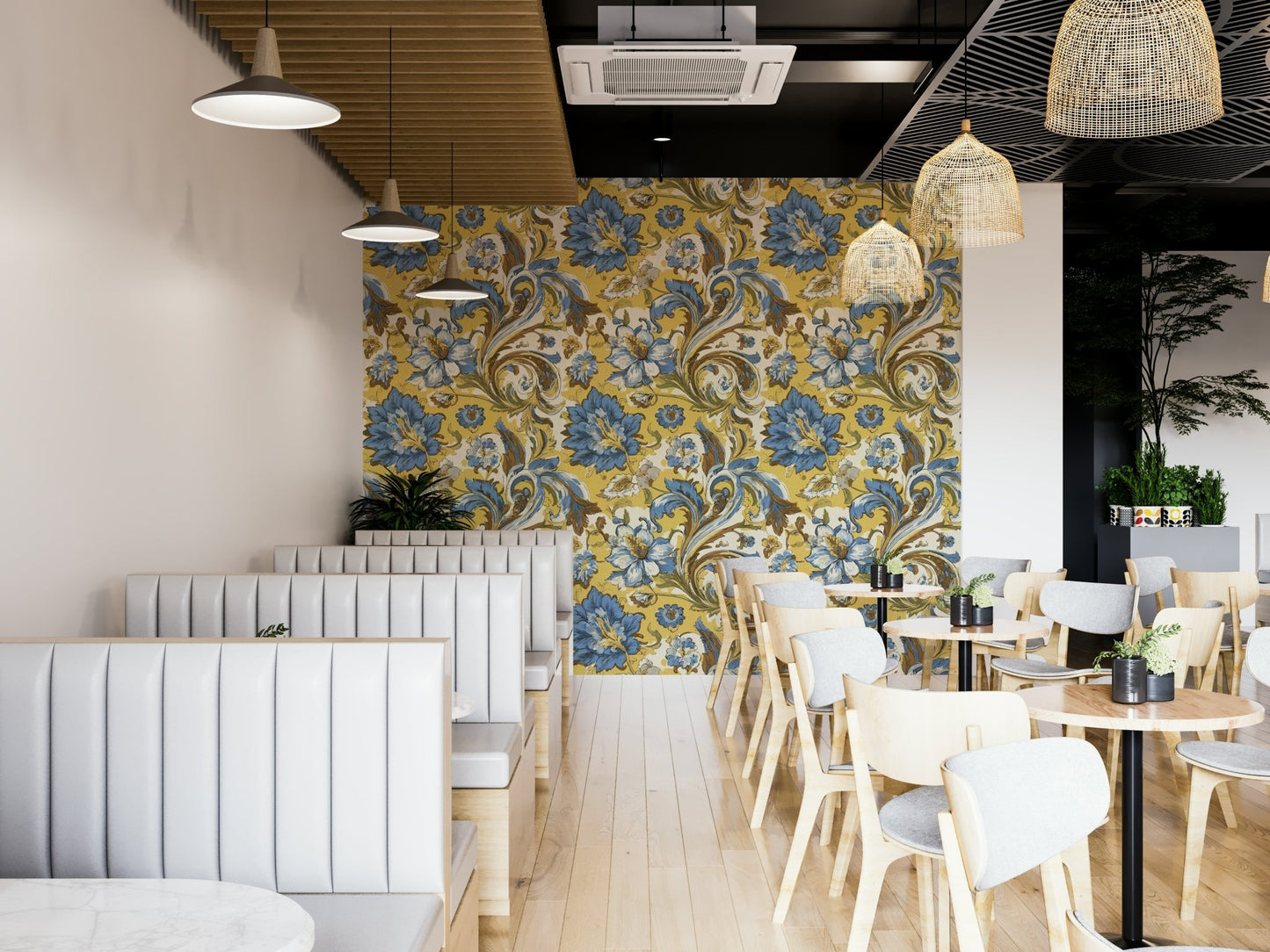 A wallpaper design with a vintage floral pattern.

