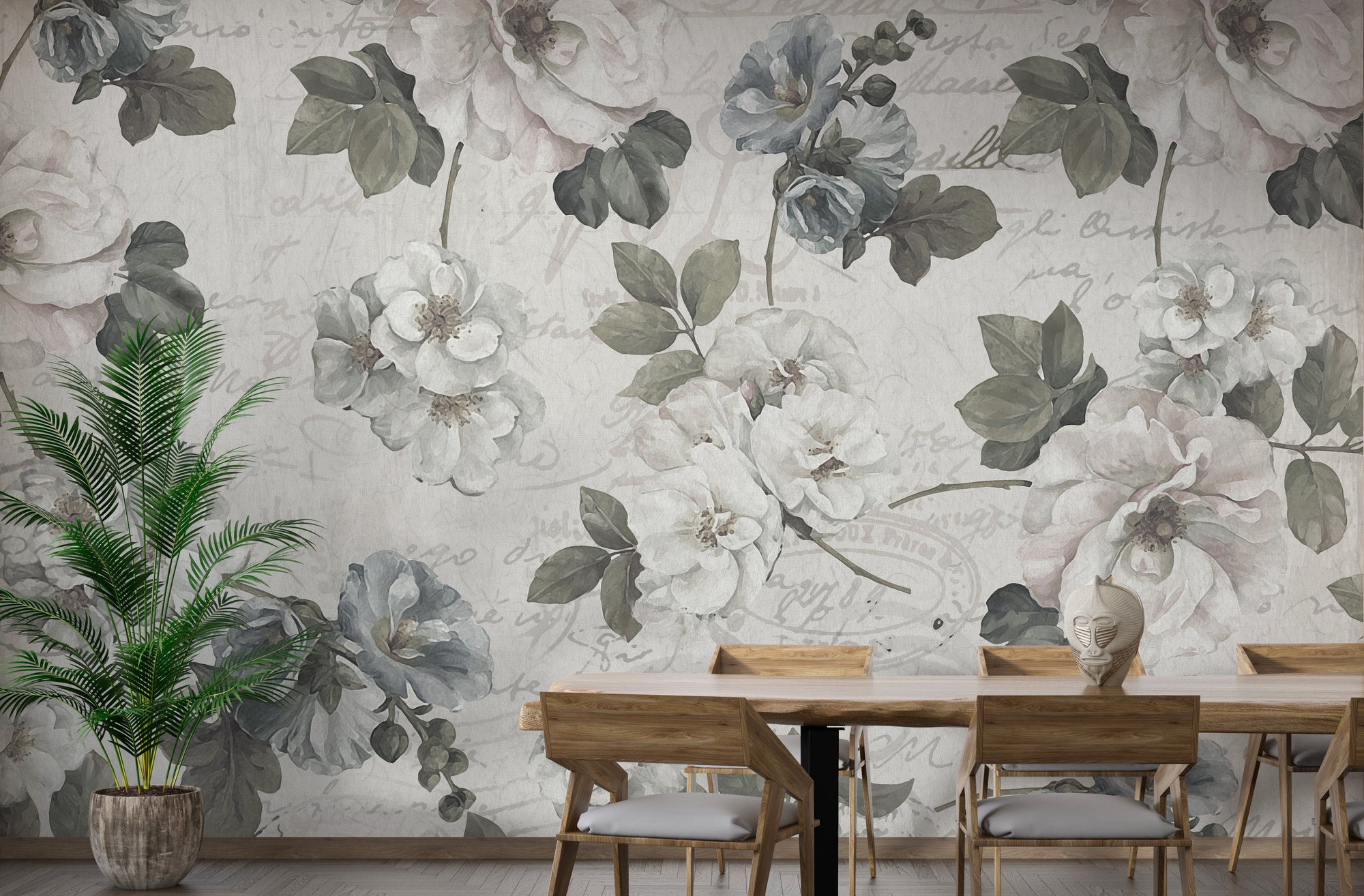 White abstract floral wall mural design
