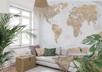 Classic world map in blue and earthy tones wallpaper mural behind a gray sofa and rattan pendant amid leafy plants