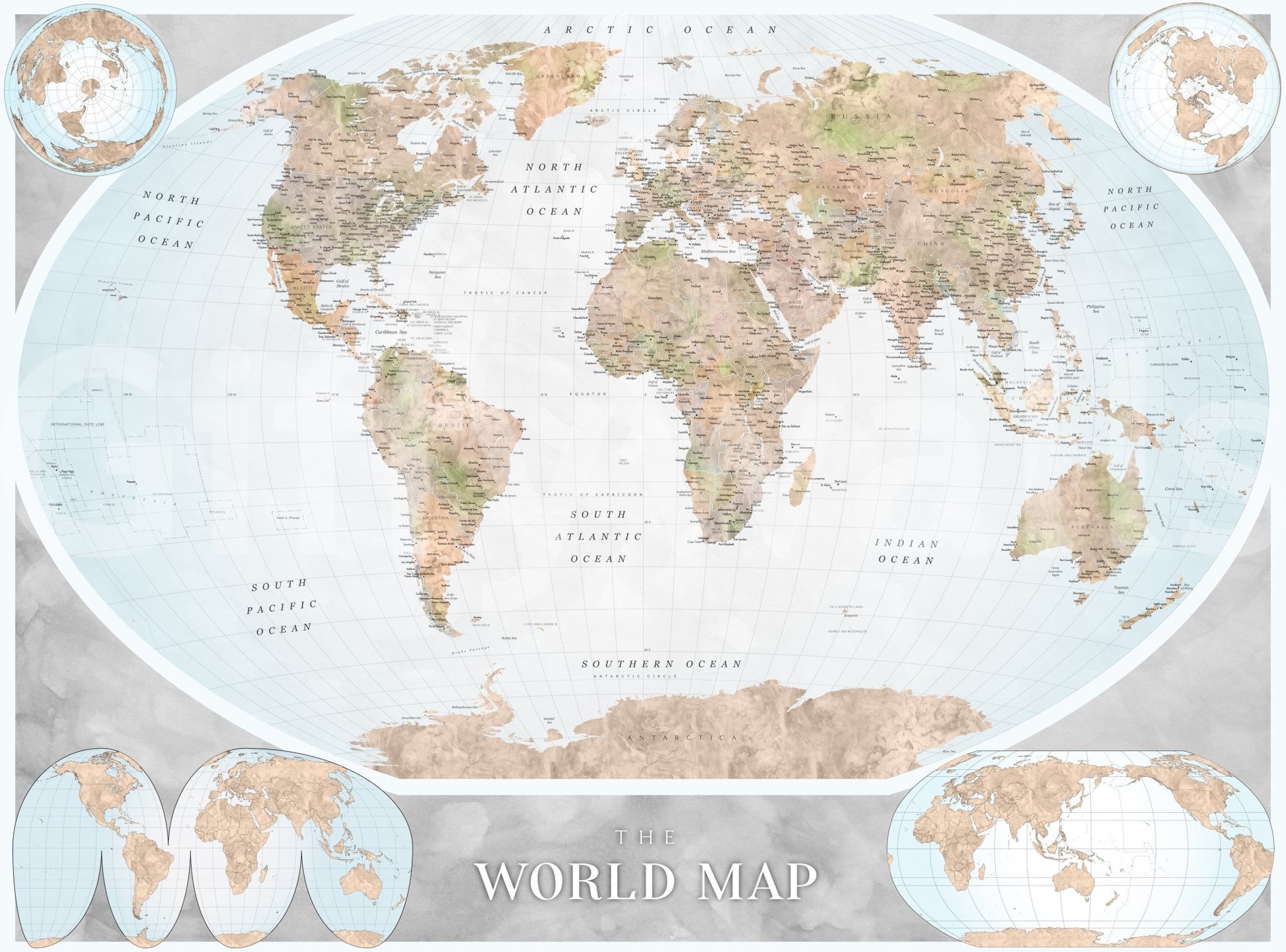 Classic world map in blue and earthy tones wallpaper mural shown full-wall as an oval vintage map with hemisphere insets