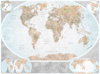 Classic world map in blue and earthy tones wallpaper mural shown full-wall as an oval vintage map with hemisphere insets