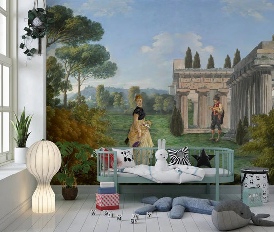 Classical Garden Encounter wall mural brings sophistication to intimate nursery.