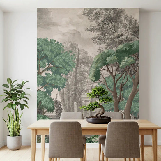 A living room features a green oasis wall mural with a central stone fountain.