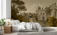 A man reads near stone pillars in this Classical Reverie in Sepia wall mural.