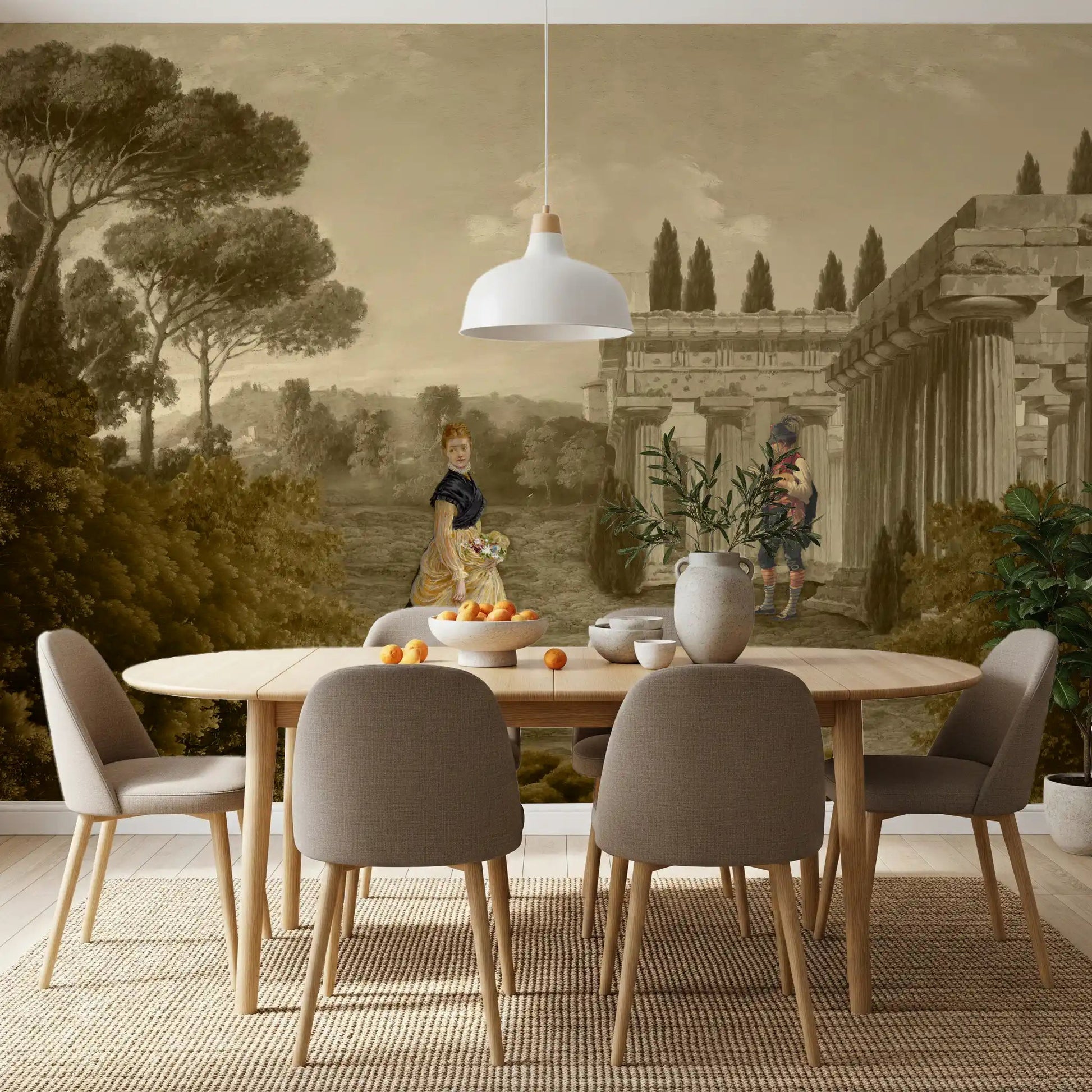 Classical Reverie in Sepia wall mural suits furnishings within expansive Dining rooms.