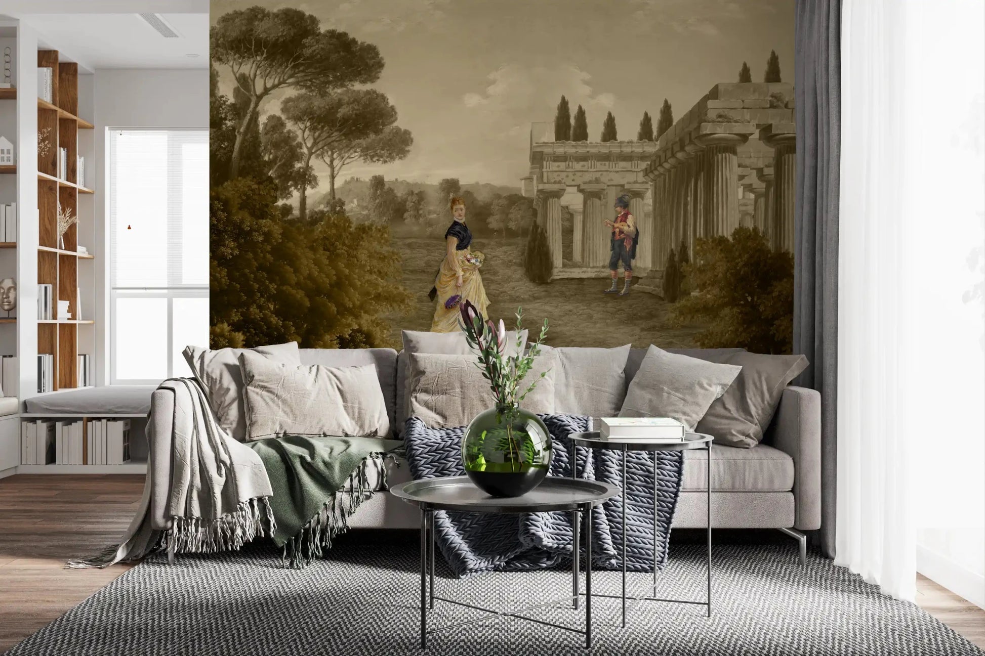 Classical Reverie in Sepia wall mural introduces nostalgic appeal into Entryway 