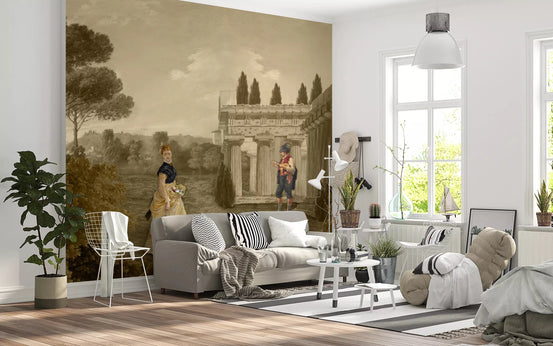 Classical Reverie in Sepia wall mural adds elegance to a formal Living room space.