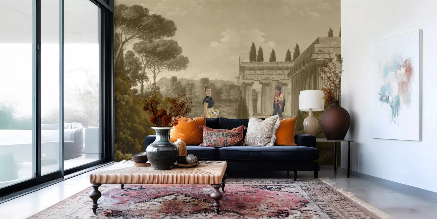 living room workspaces showcasing historical Classical Reverie in Sepia wall mural.