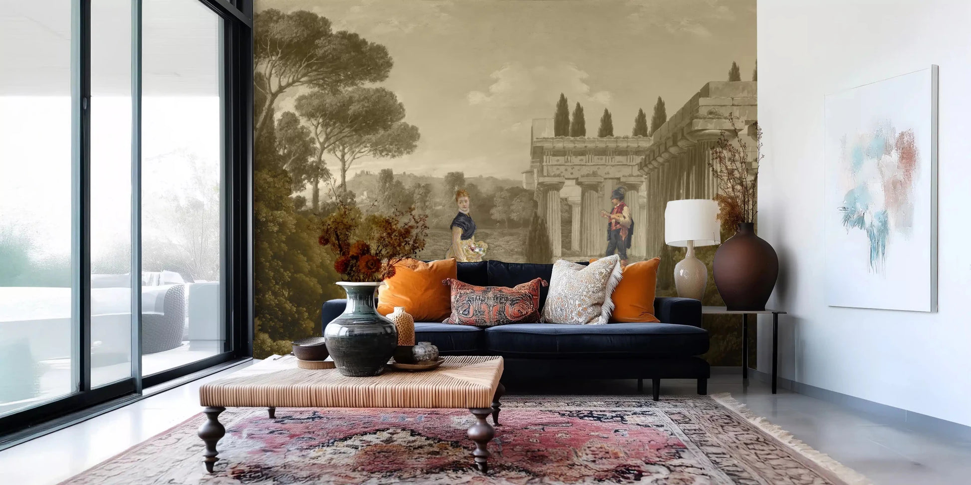 living room workspaces showcasing historical Classical Reverie in Sepia wall mural.