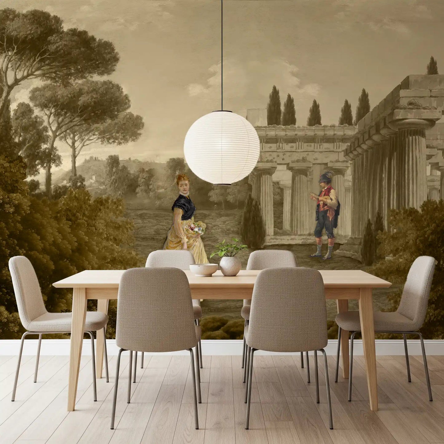 Classical Reverie in Sepia wall mural establishes striking centrepieces inside Dinign area.