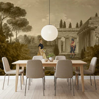 Classical Reverie in Sepia wall mural establishes striking centrepieces inside Dinign area.