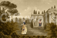 Classical Reverie in Sepia wall mural shows a woman in a yellow dress near ancient ruins.