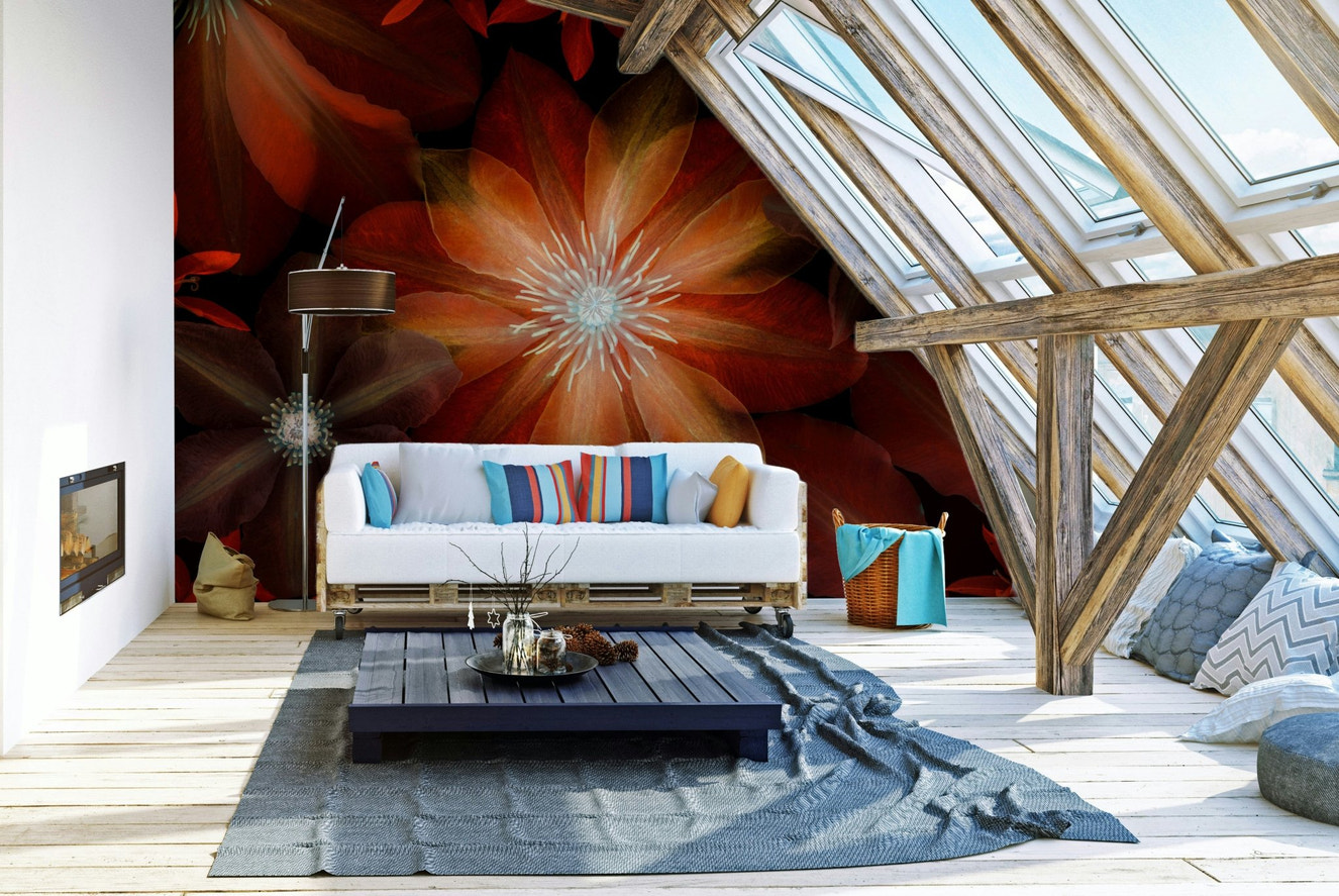 A wall mural featuring a close-up, artistic floral pattern.

