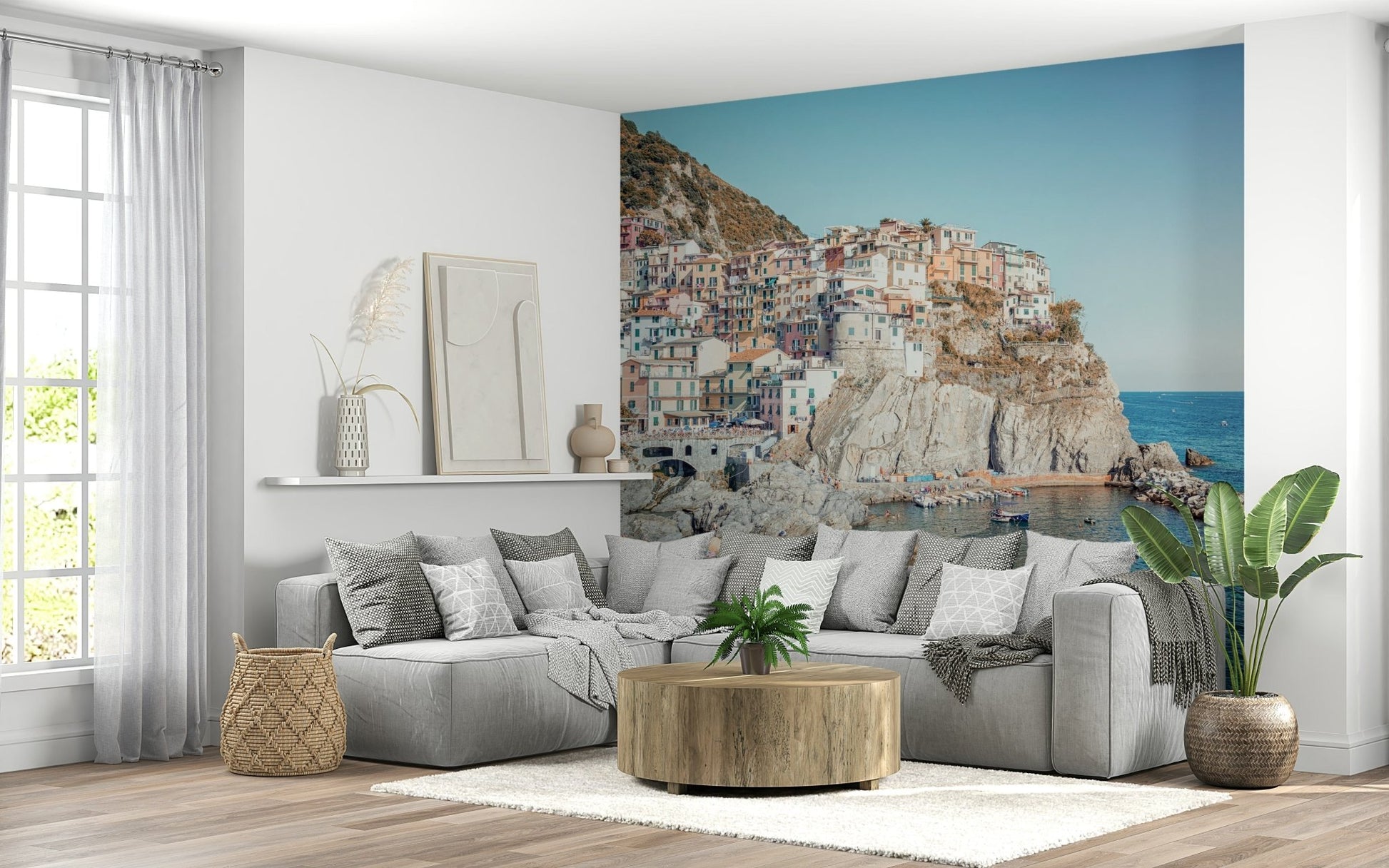 Sunny shore scenery Cliffside Homes View wallpaper mural