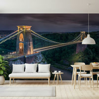 Wide perspective showing Clifton Suspension Bridge spanning Avon Gorge.