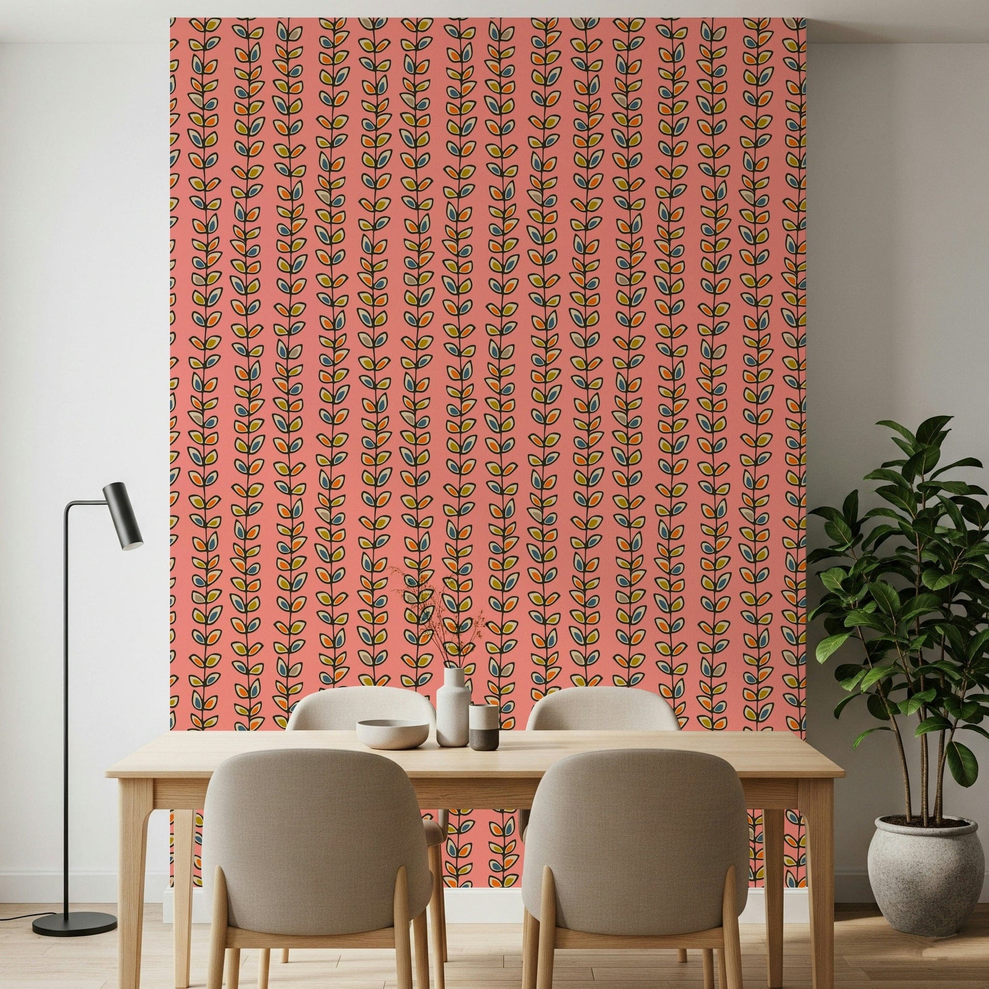 A patterned wallpaper featuring colorful leaf clusters rising in vertical rows against a pink backdrop.