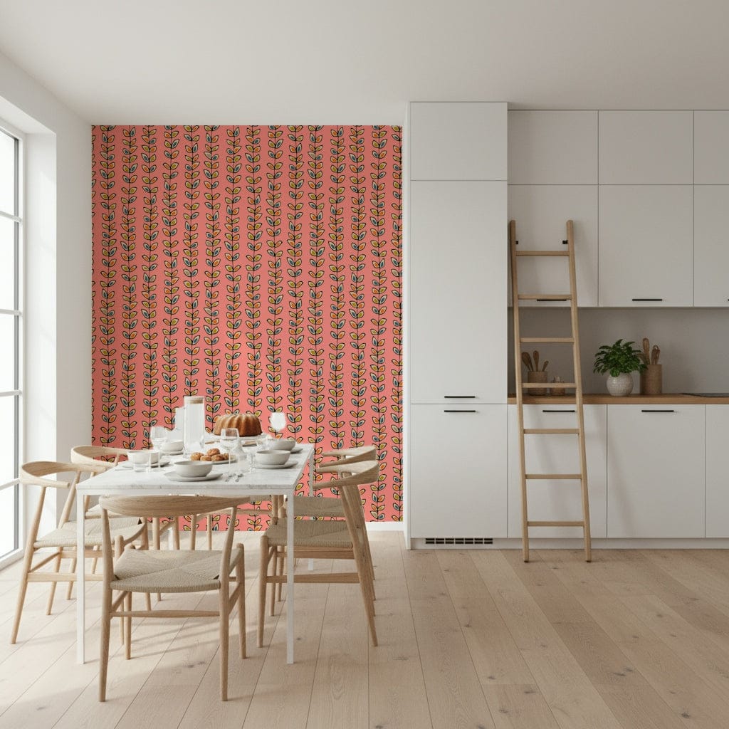 A charming vintage-style wallpaper with colorful leaves arranged along slim vertical vines on pink.