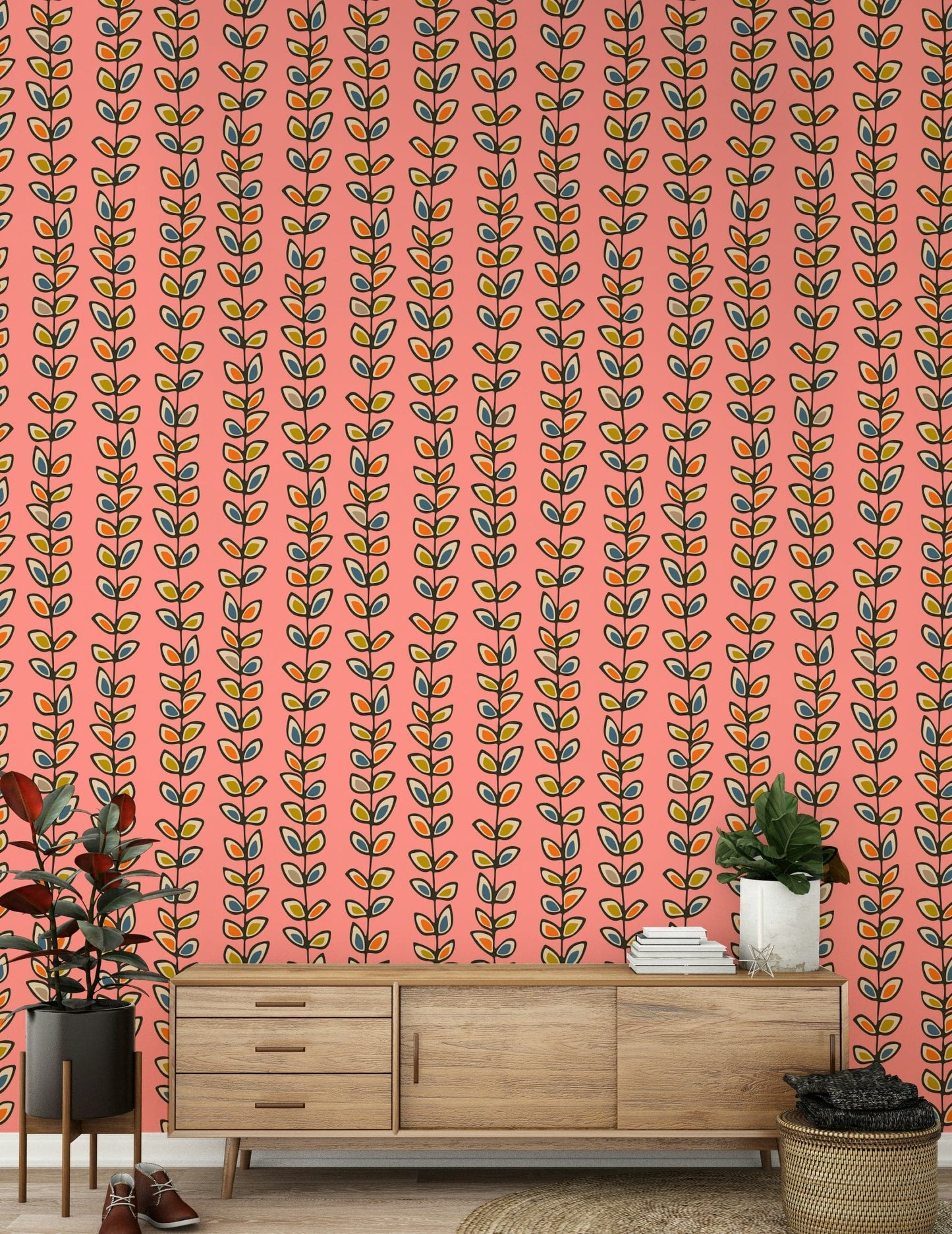 A pink retro leaves wallpaper featuring vertical climbing vines with colorful hand-drawn leaves.