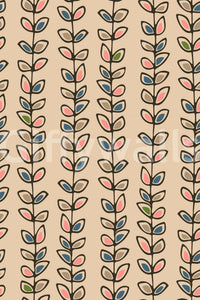 A charming retro leaf wallpaper featuring upward-growing vines in evenly spaced stripes.