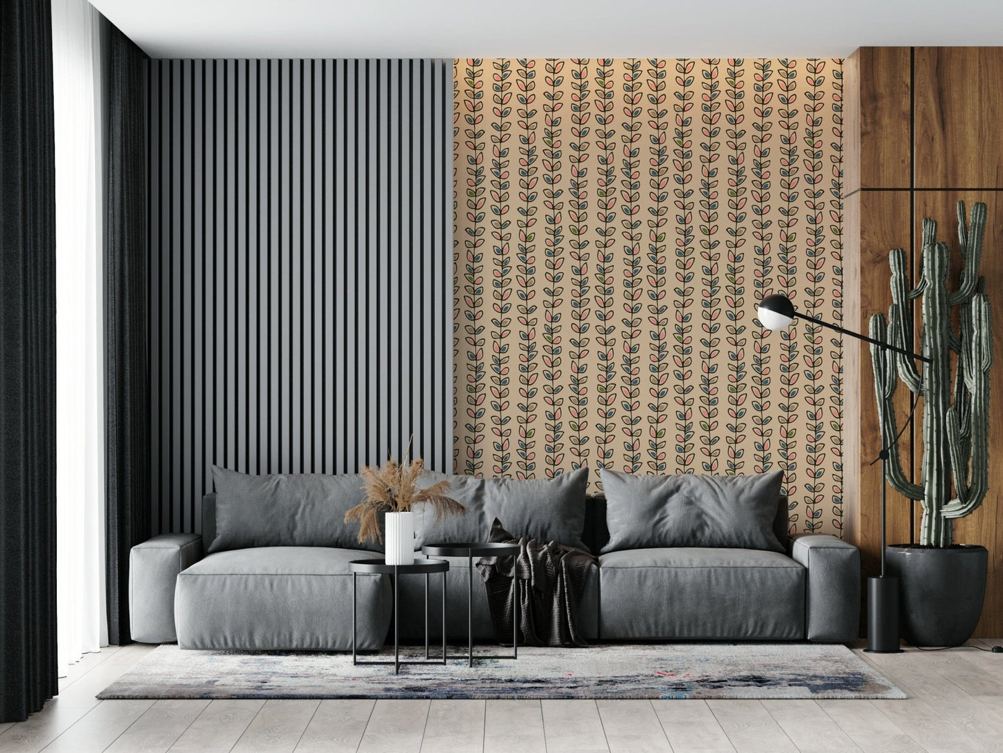 Vertical climbing vines with outlined leaves in soft hues forming a cheerful retro wallpaper.