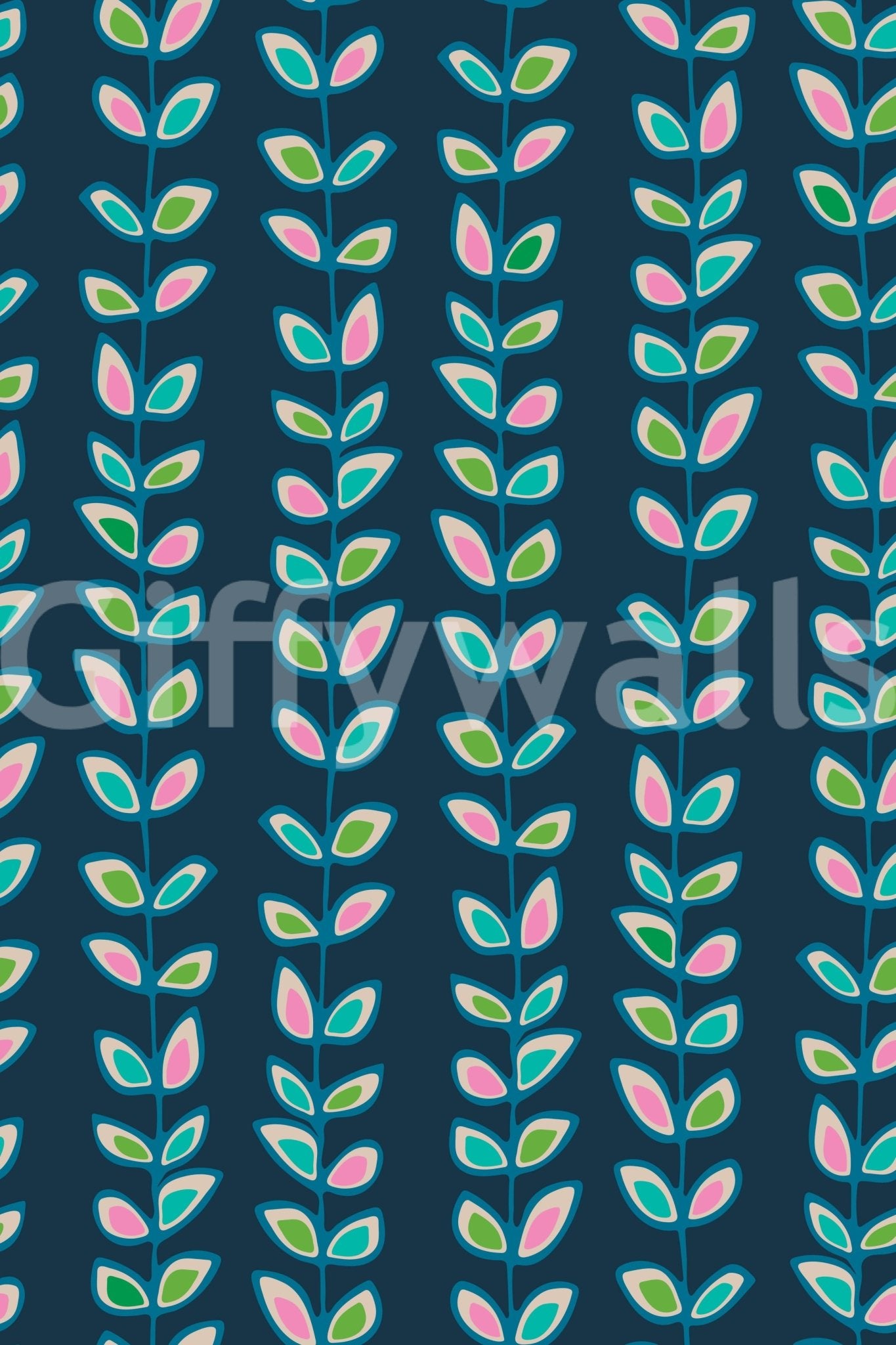 A lively retro leaves wallpaper with soft pastel tones standing out against a rich navy backdrop.