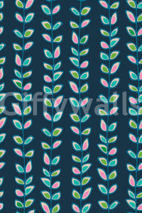 A lively retro leaves wallpaper with soft pastel tones standing out against a rich navy backdrop.