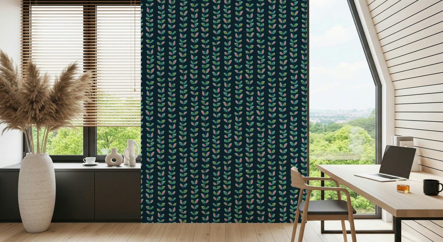 Vertical vine stripes with playful retro leaves adding color and charm to the navy wallpaper background.