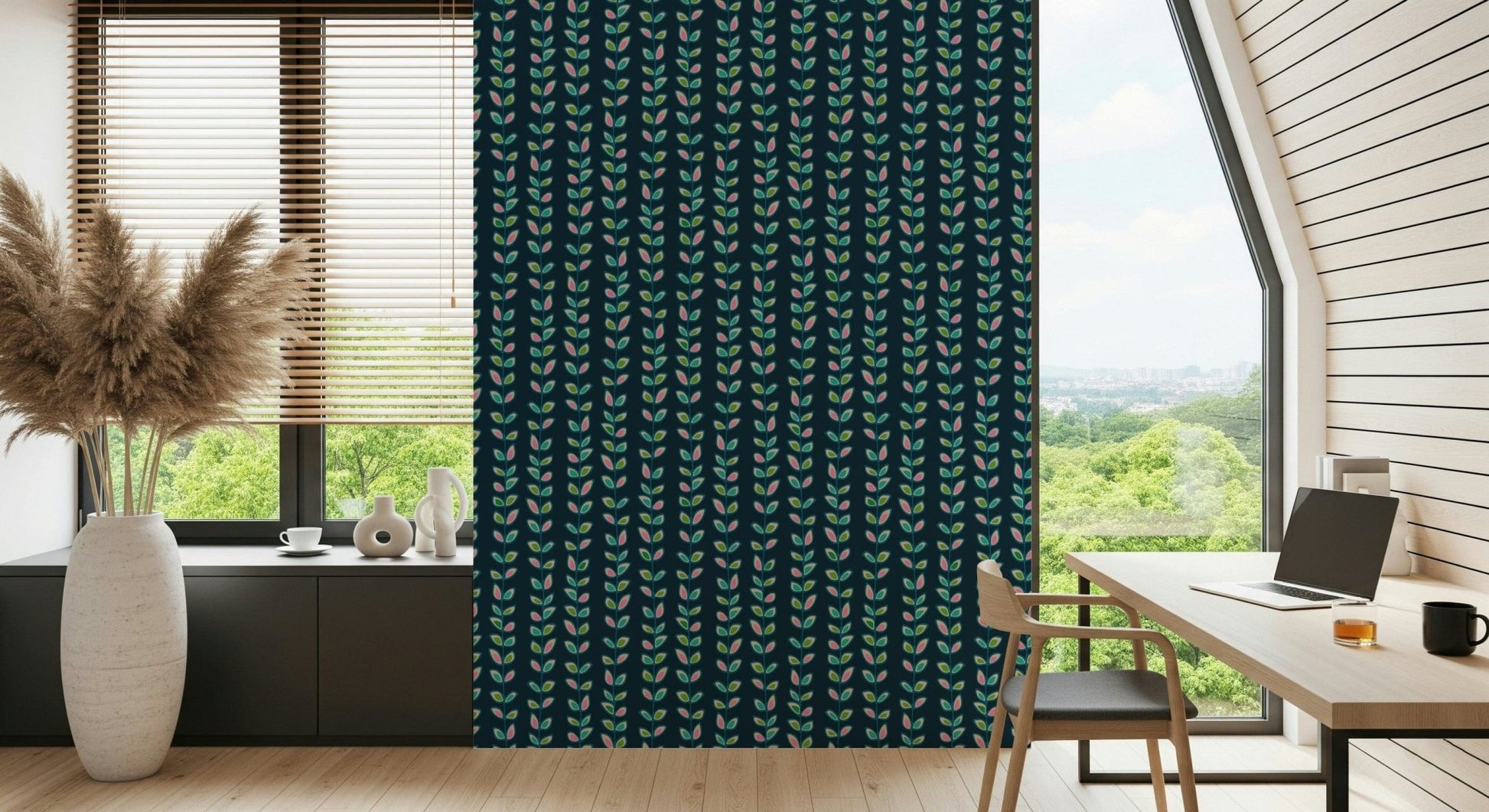 Vertical vine stripes with playful retro leaves adding color and charm to the navy wallpaper background.