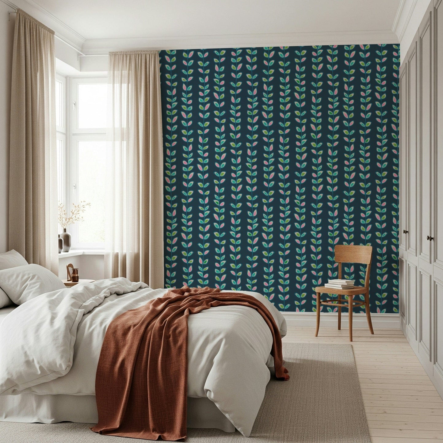 A charming vintage-style wallpaper with multicolored leaves climbing upward on neat navy stripes.