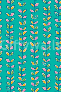 A lively retro leaves wallpaper with upward-growing vines standing out against a bold turquoise base.