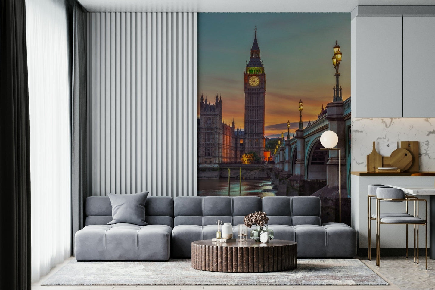 Clock tower wallpaper mural of Big Ben at sunset behind a grey sectional sofa in a living room