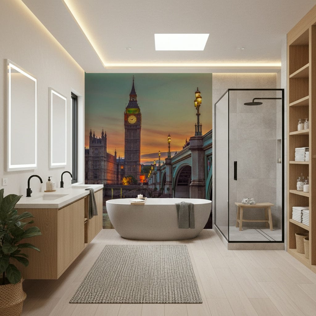 Clock tower wallpaper mural of Big Ben at sunset in a bathroom with a freestanding tub and glass shower