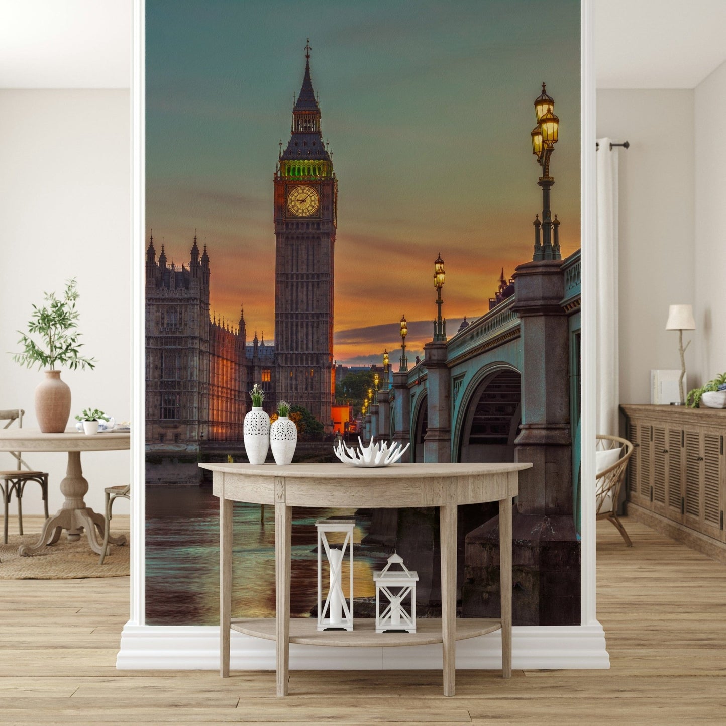 Clock tower wallpaper mural of Big Ben at sunset above a wood console with lanterns in an entryway