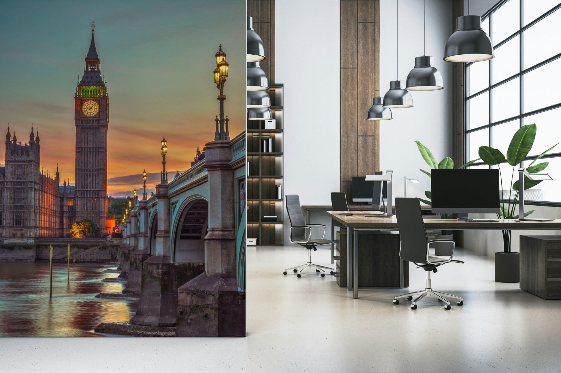 Clock tower wallpaper mural of Big Ben at sunset in a home office with desks and black chairs