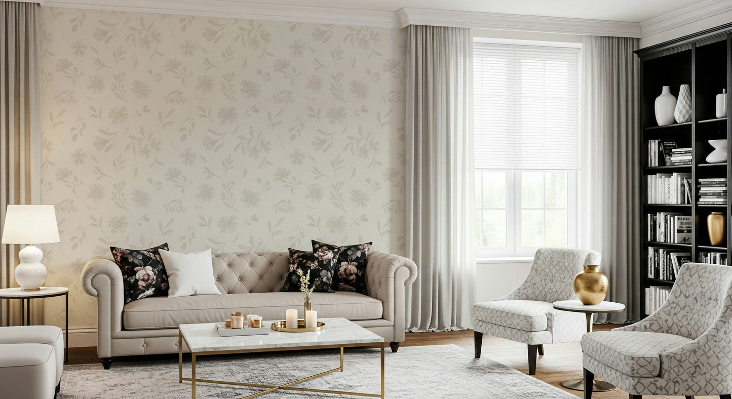 Artistic Neutral Flora Cloud Dancer White peel stick wallpaper.