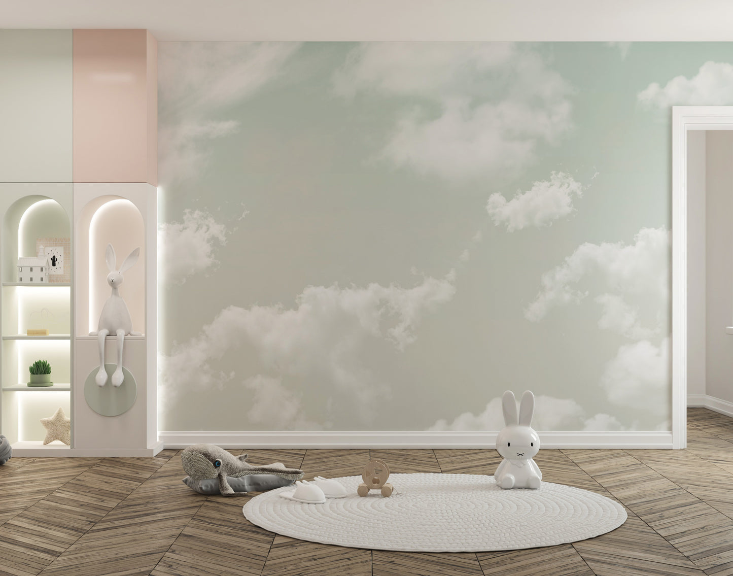 Corner of a room showing how the ethereal wall décor meets the ceiling line.