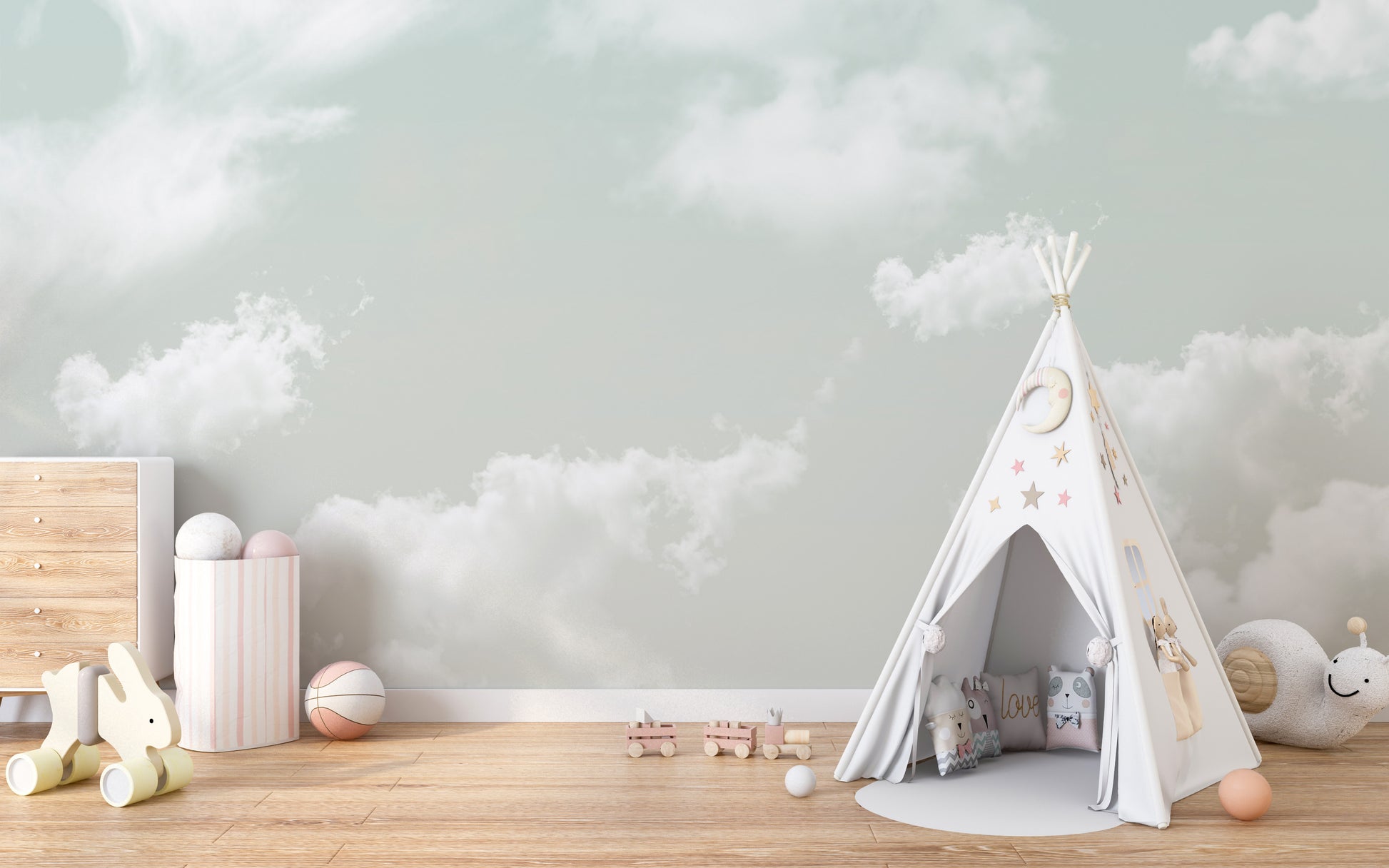 Panoramic landscape of the cloud dancer pattern stretching across an office wall.
