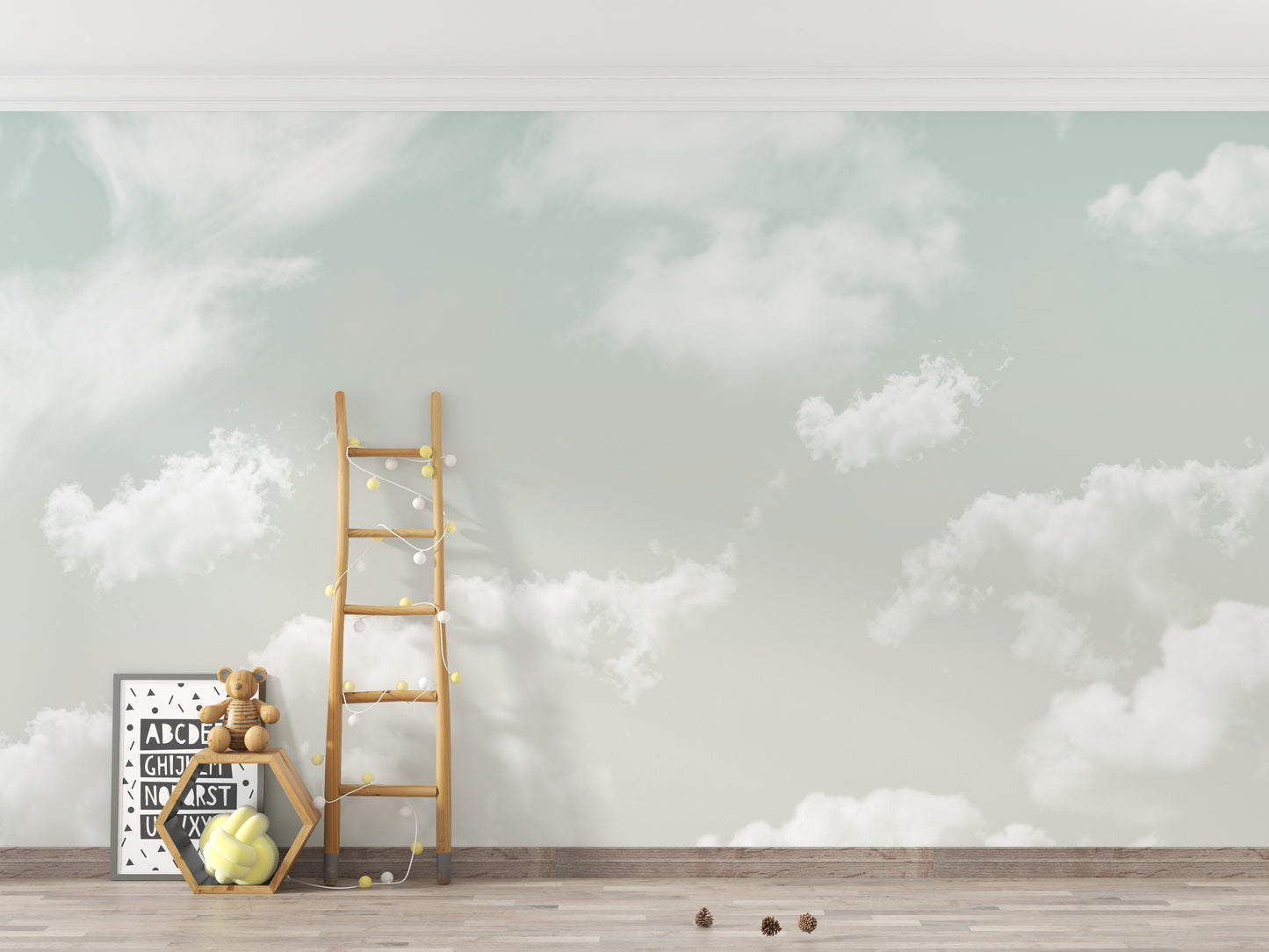 Nursery interior showcasing the serene atmosphere created by the sky mural.