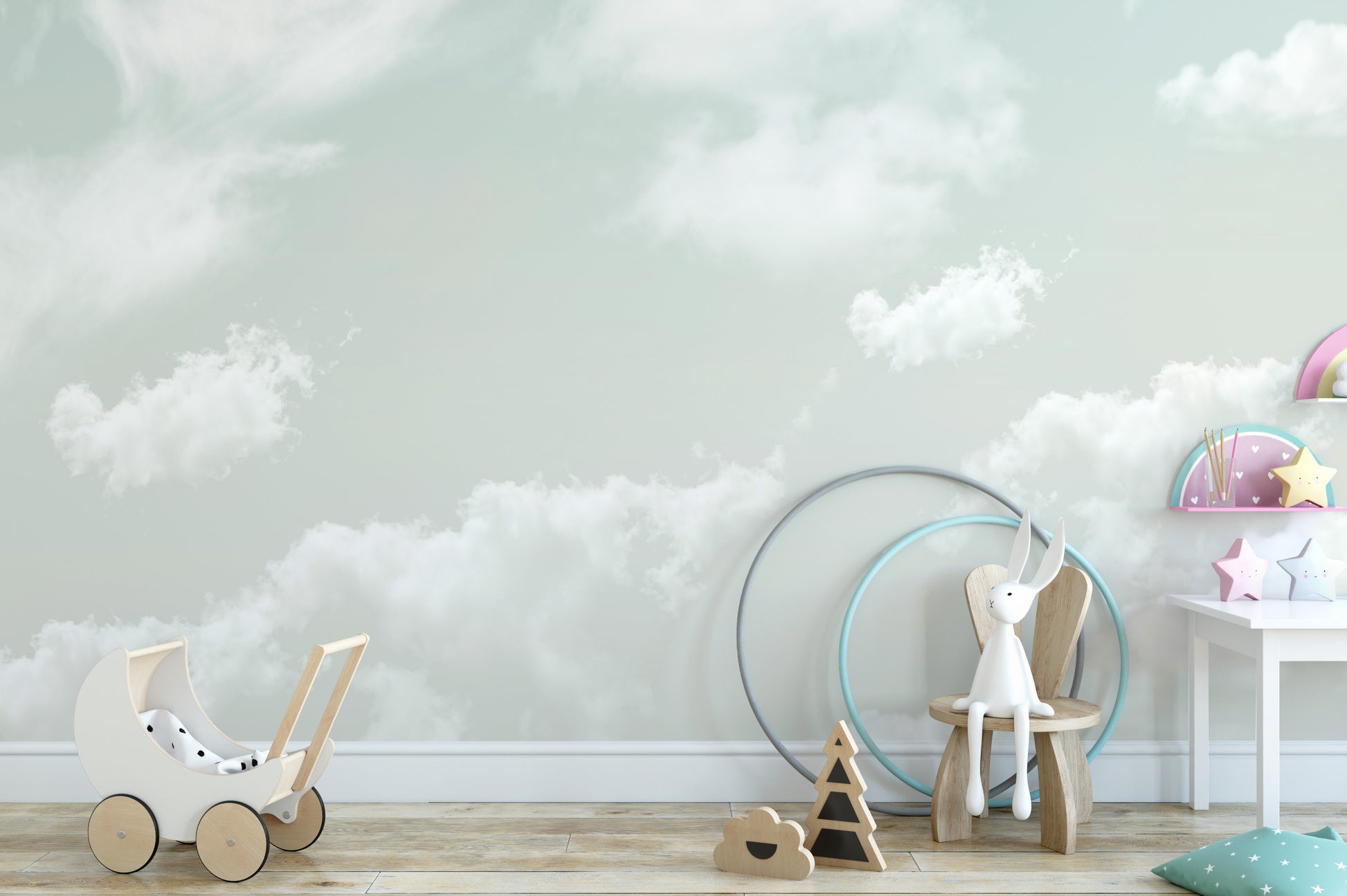 Detail shot of soft white and pale blue hues in the floating clouds wallcovering.