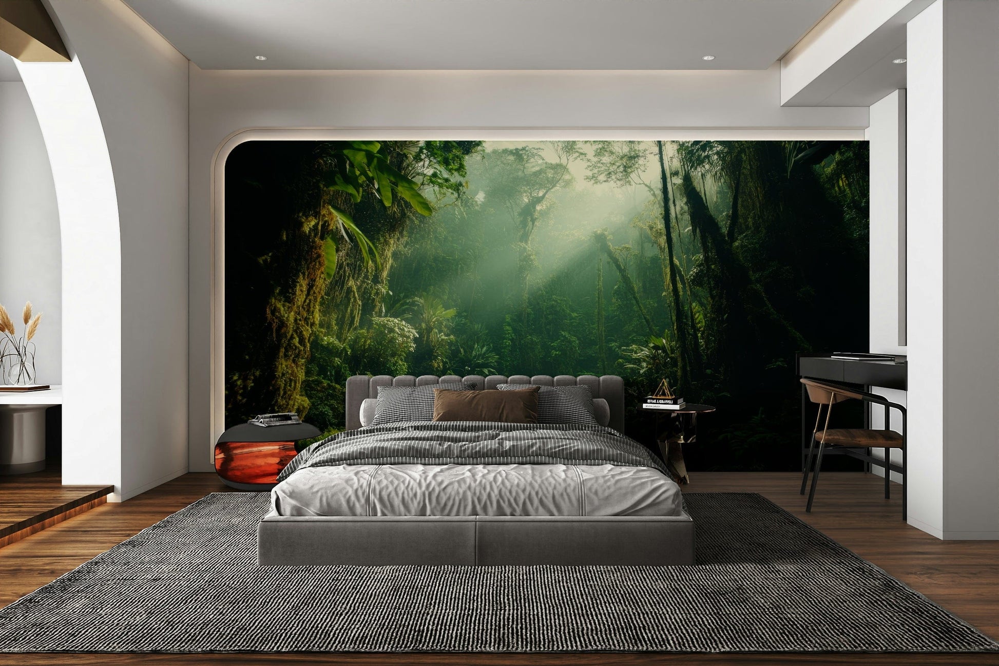 A peaceful open forest mural on decorative wallpaper.

